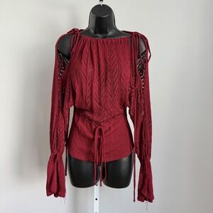 Red Open Knit Top sz M  Heavy Weight Boho Long Sleeve Tie Waist Blouse Cottage